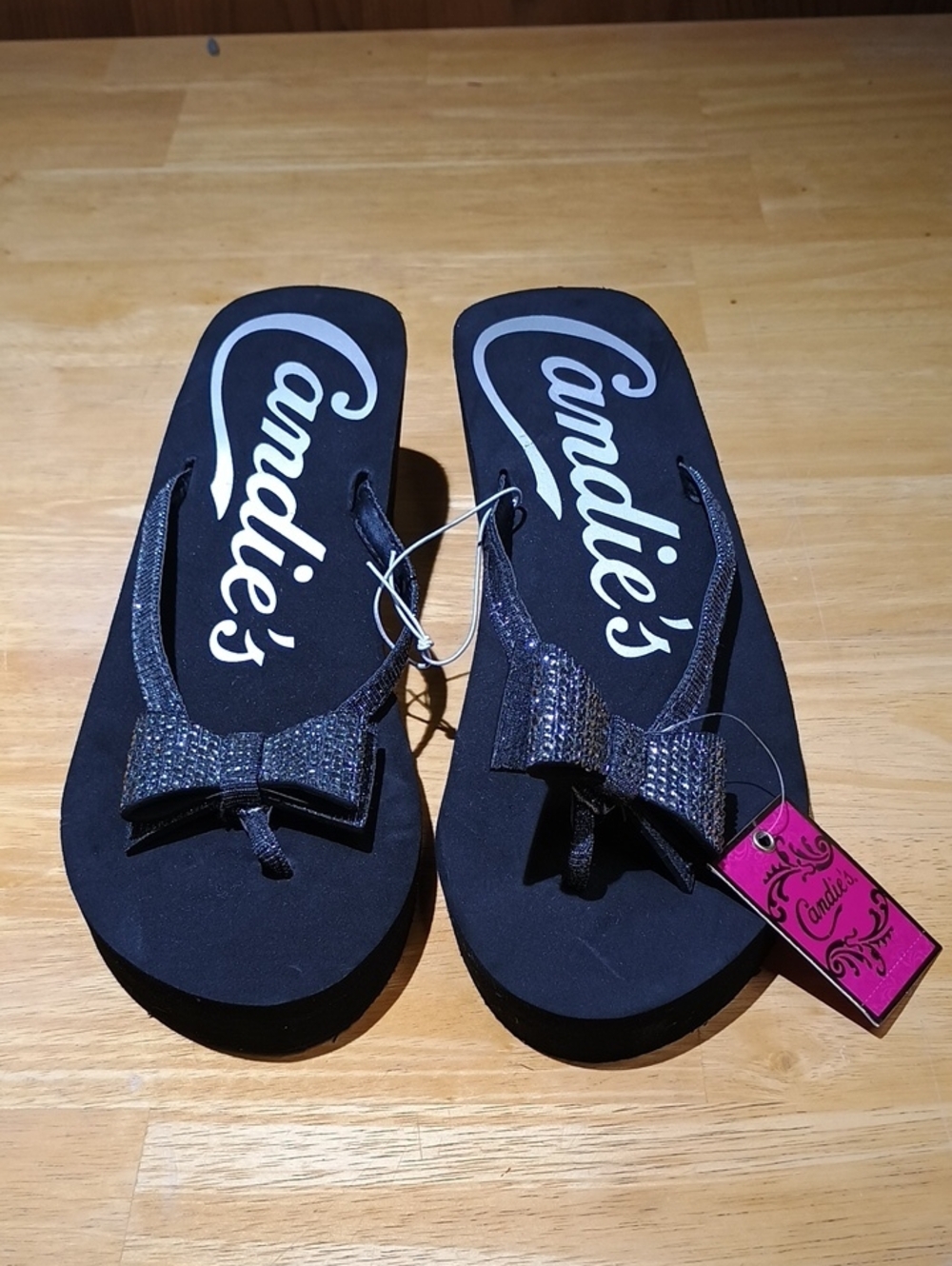 Candie's Black Sparkle Bow Flip Flops